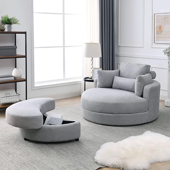 Yoglad Modern Swivel Accent Round Chair, Barrel Sofa with Storage Ottoman, Oversize Lounge Chair, Linen Fabric Round Chair with Pillows, for Living Room, Office (Light Grey, 51")