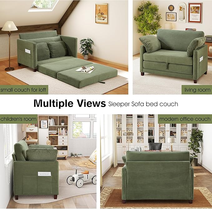 kakuboohi 51" Loveseat Sleeper Sofa Bed, Corduroy Convertible Floor Sofa Bed for Small Spaces, Folding Couch Bed with Deep Seat, 2 Pillows & Solid Frame, Pull Out Floor Couch for Living Room, Green