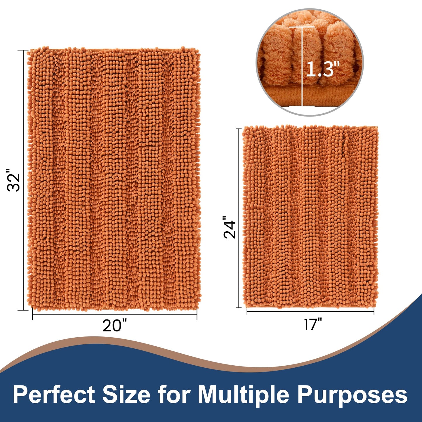 Non Slip Thick Shaggy Chenille Bathroom Rug Sets 2 Piece, Thickened Hot Melt Rubber Bottom Bath Mats for Bathroom, Bath Rugs Quick Dry Machine Washable for Shower (Burnt Orange, 32"x20" Plus 17"x24")
