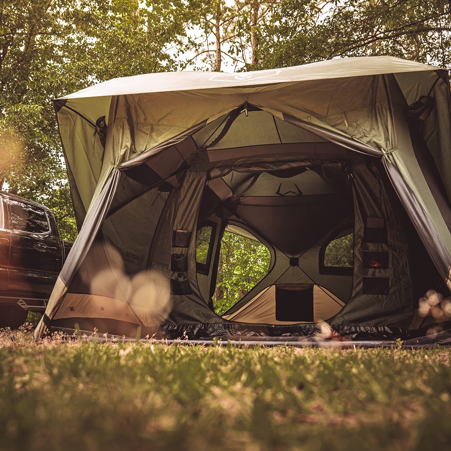 Gazelle Tents™ T4 Plus Hub Tent Overland Edition, Easy 90 Second Set-Up, Waterproof, UV Resistant, Footprint, All-Terrain Stakes, 4-8 Person, Alpine Green/Oak Moss, 78" x 94" x 165", GT451GR