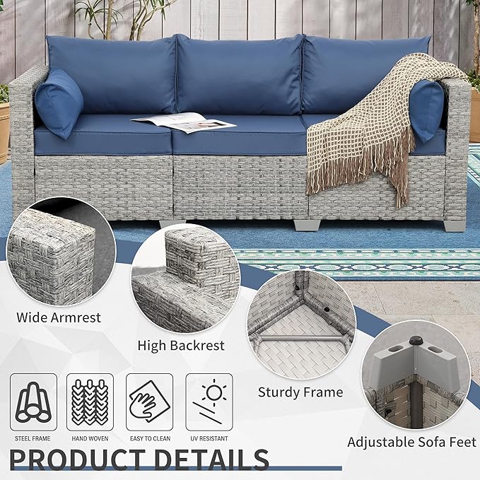 WAROOM Outdoor Couch 3 Seater Wicker Patio Sofa Grey Rattan Deep Seat Balcony Furniture Porch Seating with Navy Blue Cushion