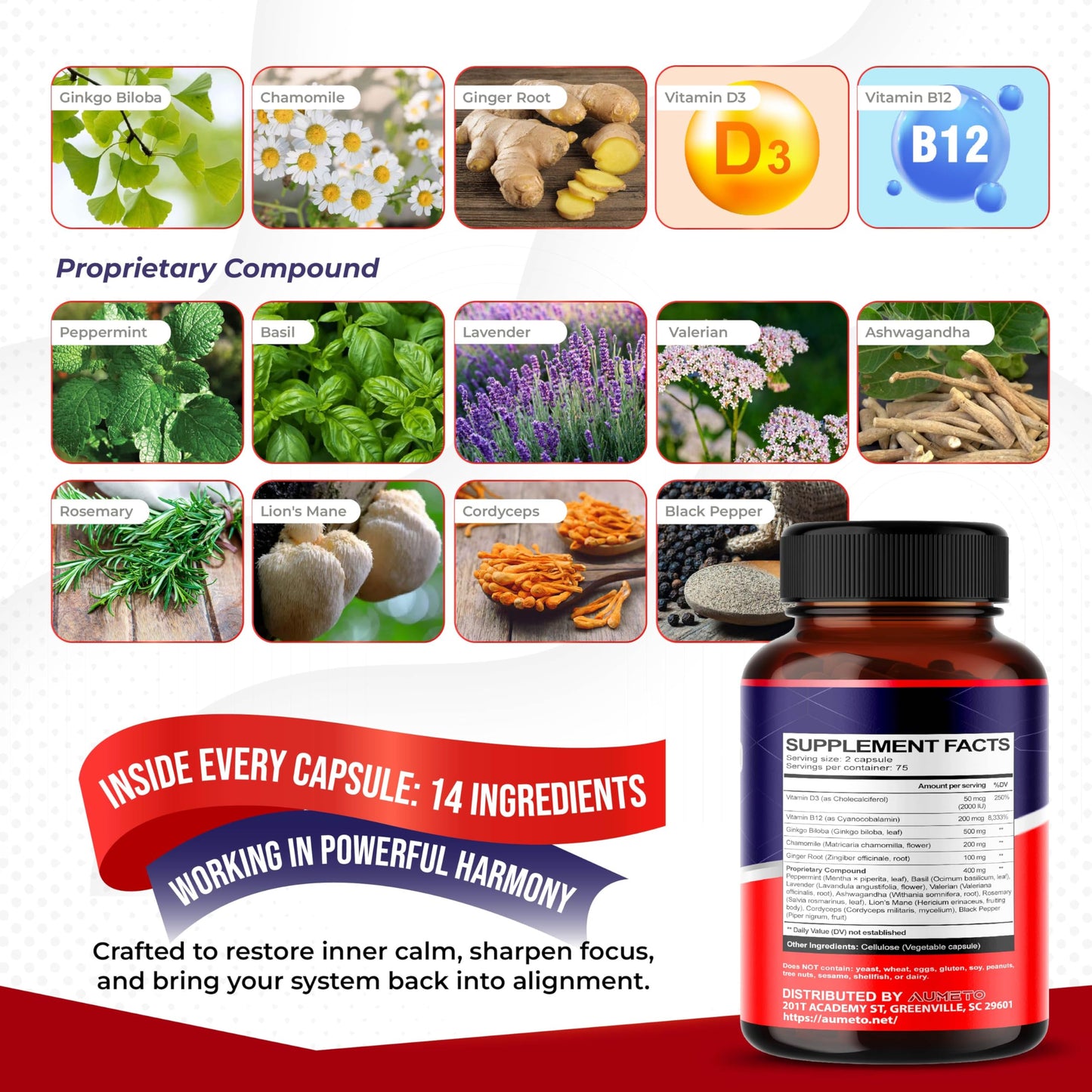 AUMETO Vertigo Support Complex with Ginkgo Biloba, Chamomile, Ginger, Vitamin D3, B12 - Advanced 14-in-1 Formula for Spinning Dizziness Inner Ear Balance*