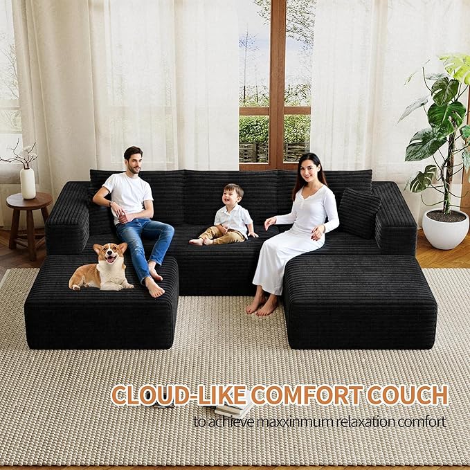 Fancyfire 108" Cloud Modular Sectional Couch with 2 Ottoman,Ultimate Comfort U-Shaped Deep Seat Sofa,Boneless Couch Upholstered 3-Seater Sofas for Living Room, No Assembly Required(Black)