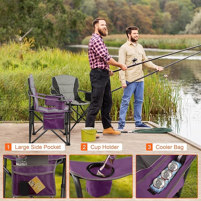 LANMOUNTAIN 2 Pack Padded Oversized Camping Chairs for Adults,Heavy Duty Support 400 Lbs,Folding Portable Lawn Chair w/Cup Holder,Cooler Bag,Side Pocket,Perfect for Outdoor Picnic,Hiking(Purple&Black)