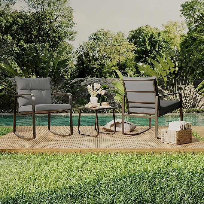 Gizoon 3 Piece Rocking Bistro Set, Black Steel Patio Furniture, Porch Chairs Conversation Set with Glass Coffee Table, Back Cushion, for Balcony, Garden, Deck, Backyard, Grey