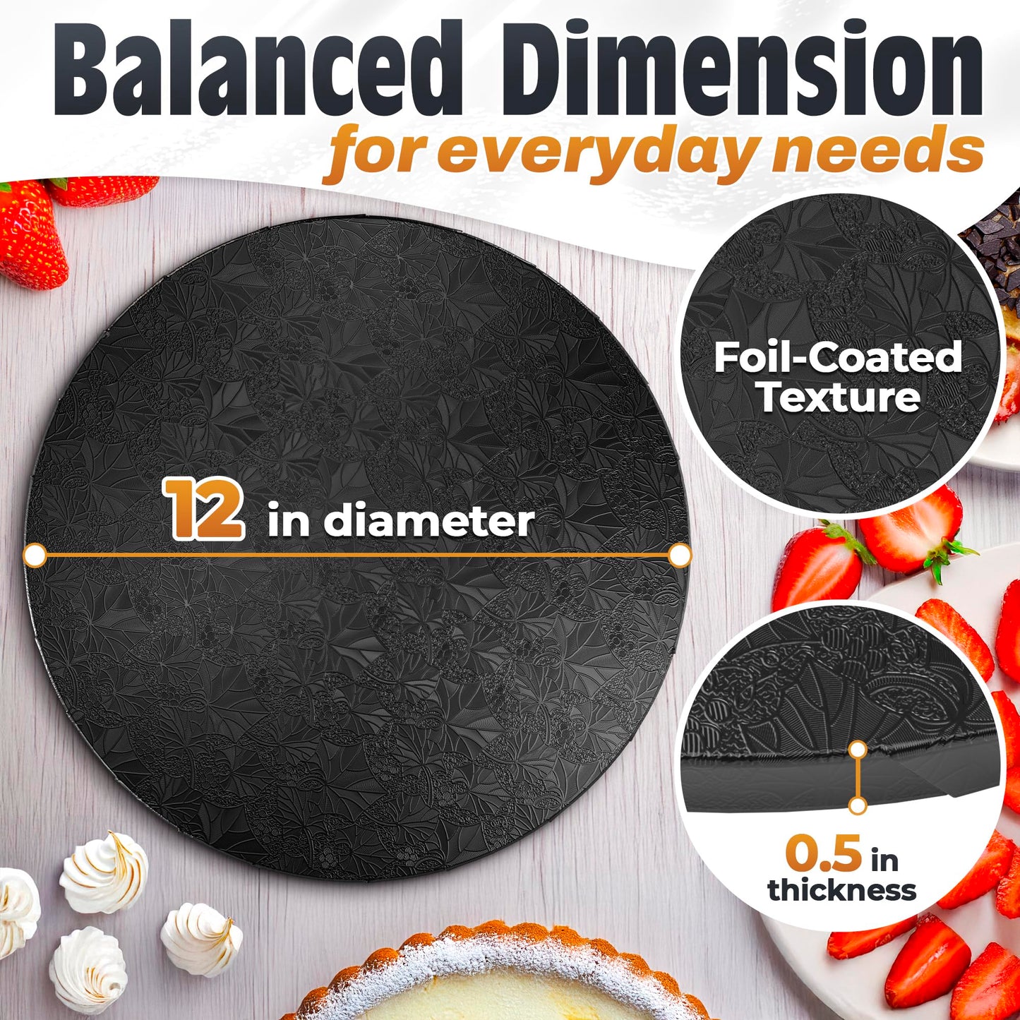 12 Inch Cake Drum - Black Round 12 Inch Cake Boards for Holiday Dessert Presentation, Grease and Moisture Resistant, Thick Durable Material with Fancy Pattern, Great for Valentine day & Birthday Cakes