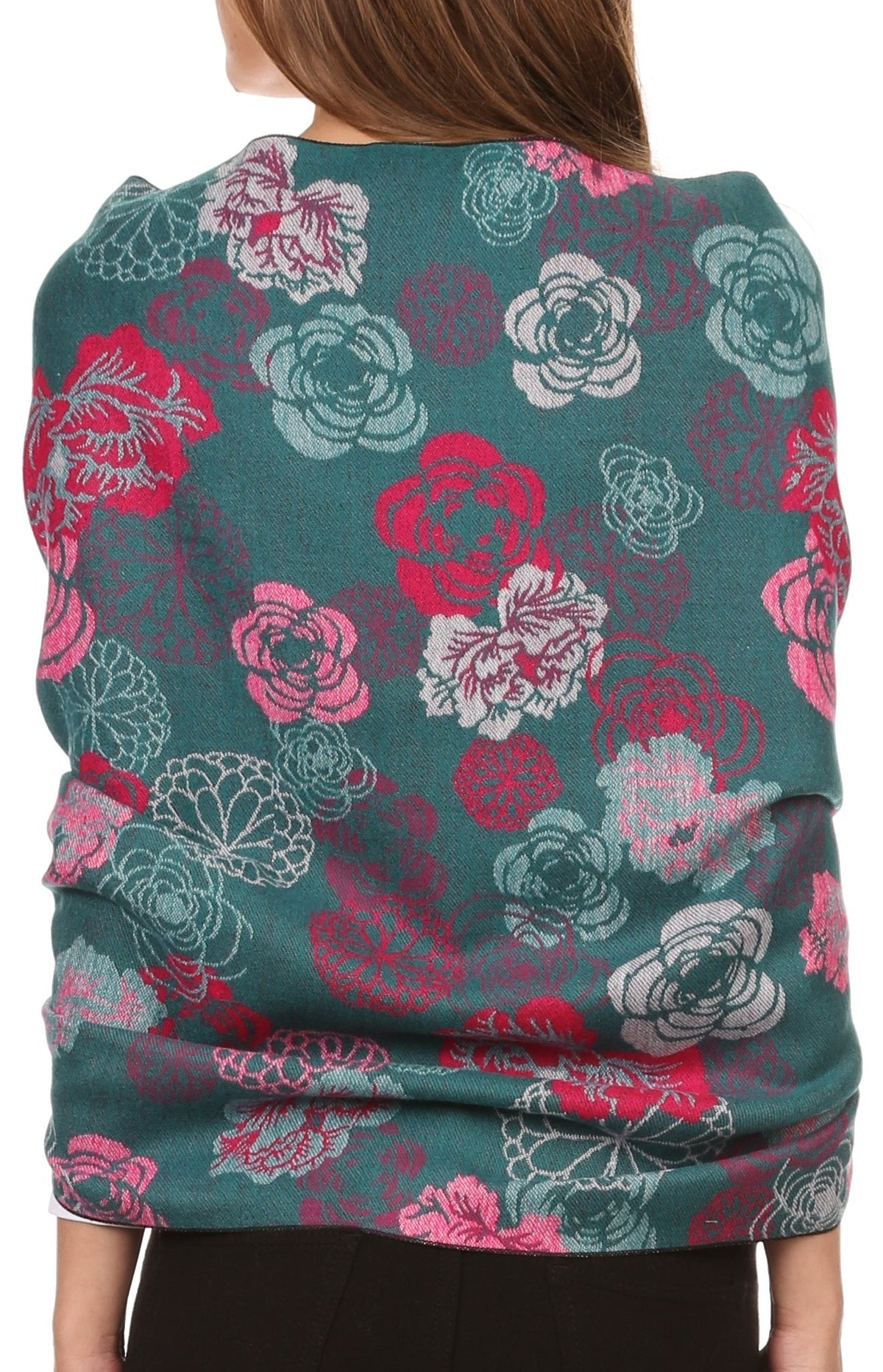 Sakkas CHS1810 - Ontario double layer floral Pashmina/Shawl/Wrap/Stole with fringe - 3-Teal - OS