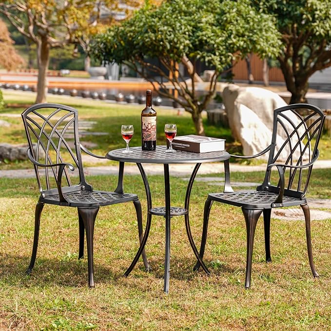 Withniture Outdoor Patio Bistro Set All Weather Bistro Table and Chairs Set of 2 with Umbrella Hole, Cast Aluminum Outdoor Bistro Set Rust-Resistant Patio Furniture for Garden Porch, Bronze