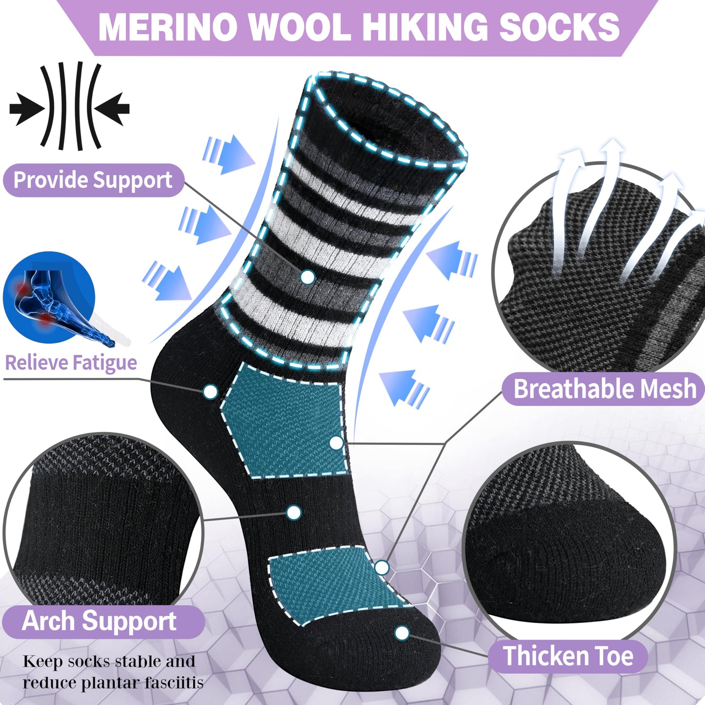 EBMORE Womens Merino Wool Hiking Socks Thermal Warm Winter Boot Crew Cushion Work Gift Socks 5 Pairs(Striped-Black,M)