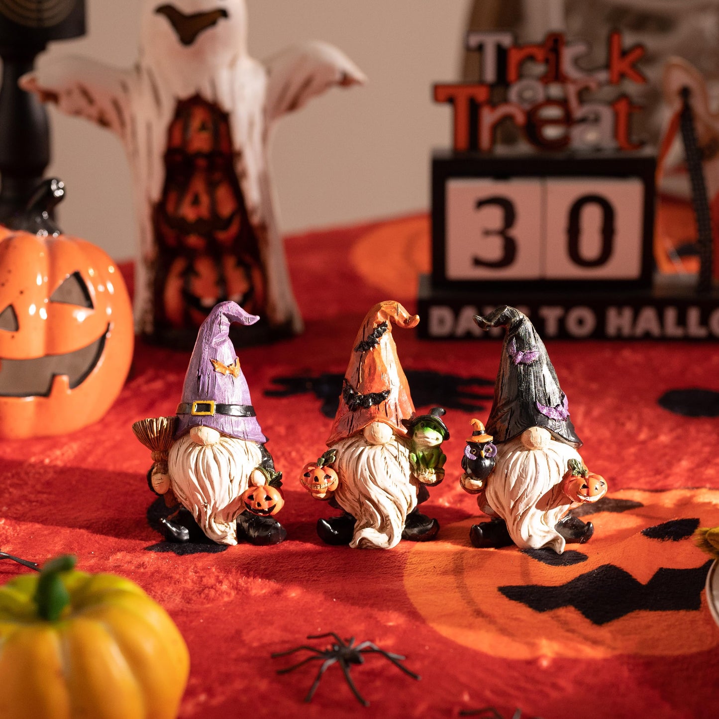 Valery Madelyn Halloween Decorations Indoor, 3 Pcs Resin Halloween Gnomes Decor for Home with Bat Witch Hat, Collectible Figurines Elf Dwarf Broom Jack O Lantern for Table Tiered Tray Outdoor, 3.6''