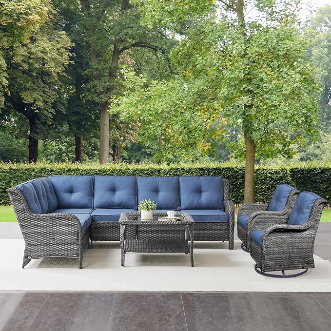 Belord Outdoor Furniture Sectional Sofa L Shaped Couch - Patio Wicker Furniture Set with Coffee Table, 3 Piece Rattan Patio Conversation Sets with Blue Cushion for Deck Backyard Sunroom