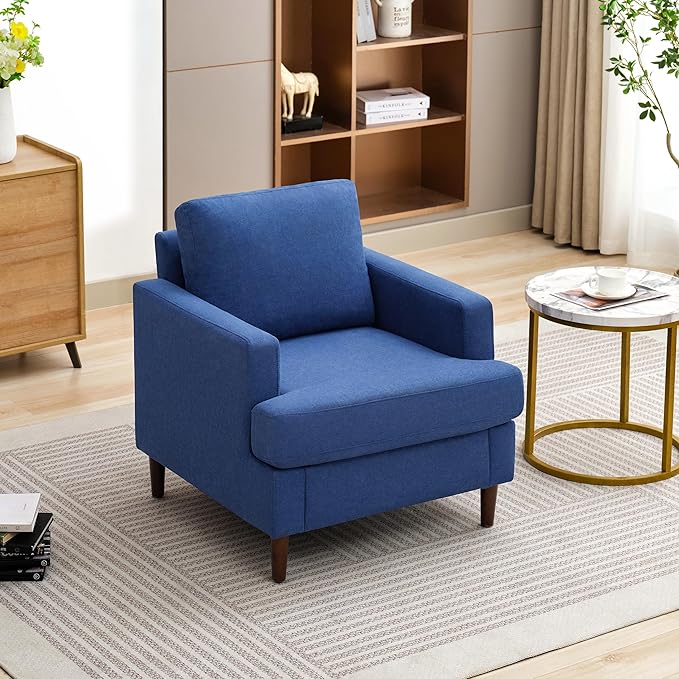Weture Mid-Century Accent Chair,Modern Linen Fabric Armchair for Living Room,Comfy Upholstered Reading Accent Chairs for Bedroom,Single Sofa Chair with Wood Legs (Blue, 1 Pack)