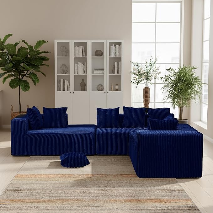 SEENYOO 130" Boneless Couch, Cloud Couch Sectional, Corduroy Sofa for Living Room, U Shaped Modular Sofa with Chaise, No Assembly, 4 Seats Oversized (Blue)