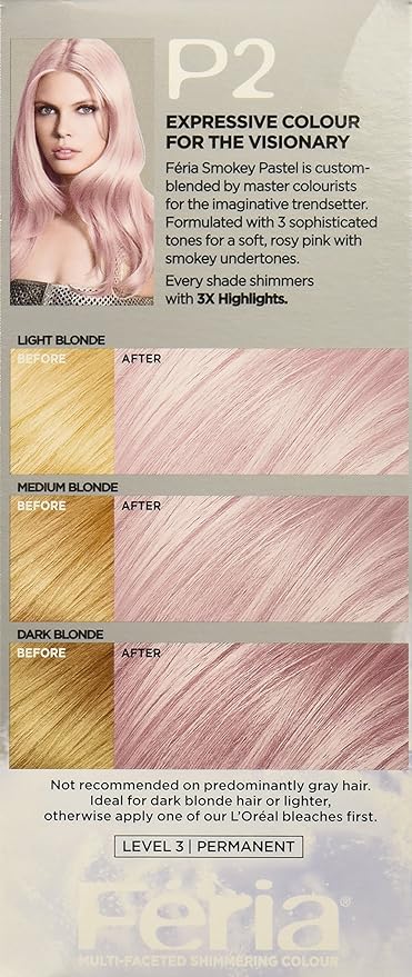L'Oreal Paris Feria Multi-Faceted Shimmering Permanent Hair Color, P2 Rosy Blush (Smokey Pink) (Pack of 2)