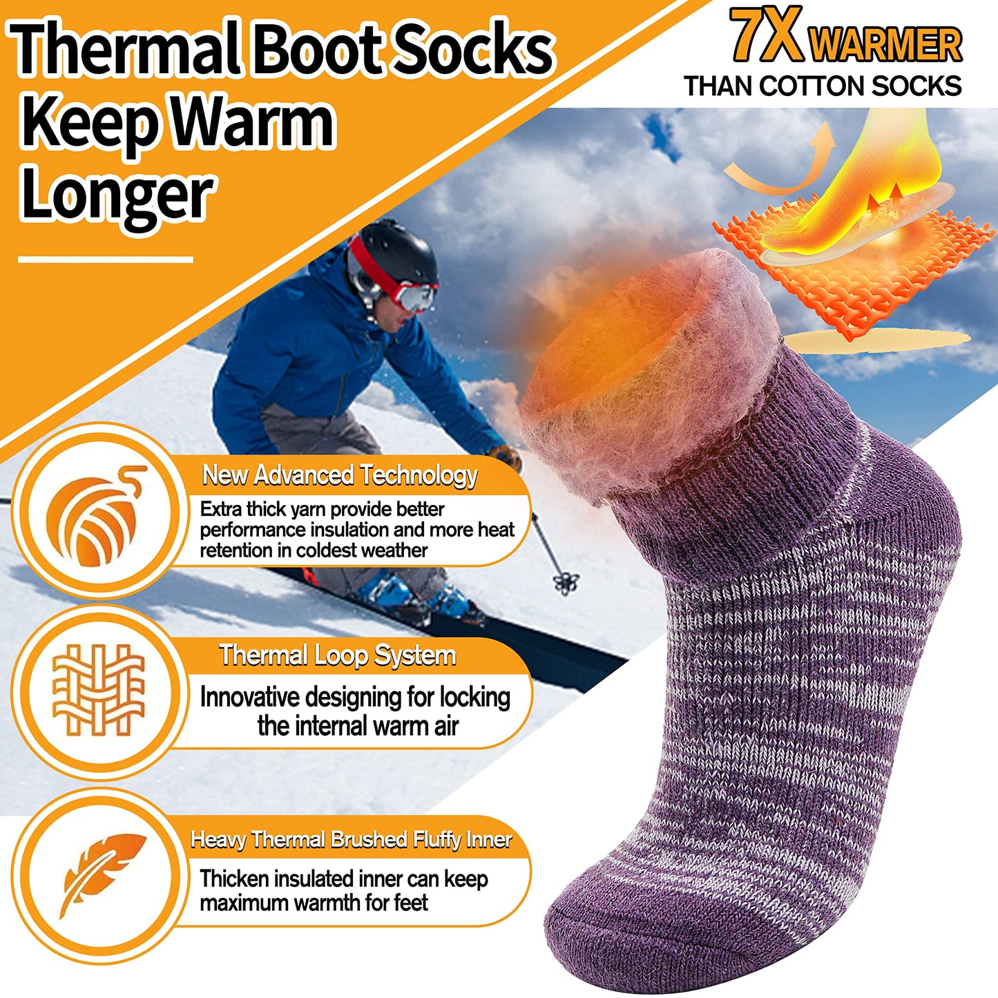 Welwoos Heated Thermal Socks for Women & Men Winter Warm Ski Thick Boot Insulated Gift Socks Stocking Stuffers for Women 3 Pairs (Purple & Blue & Grey B,L)