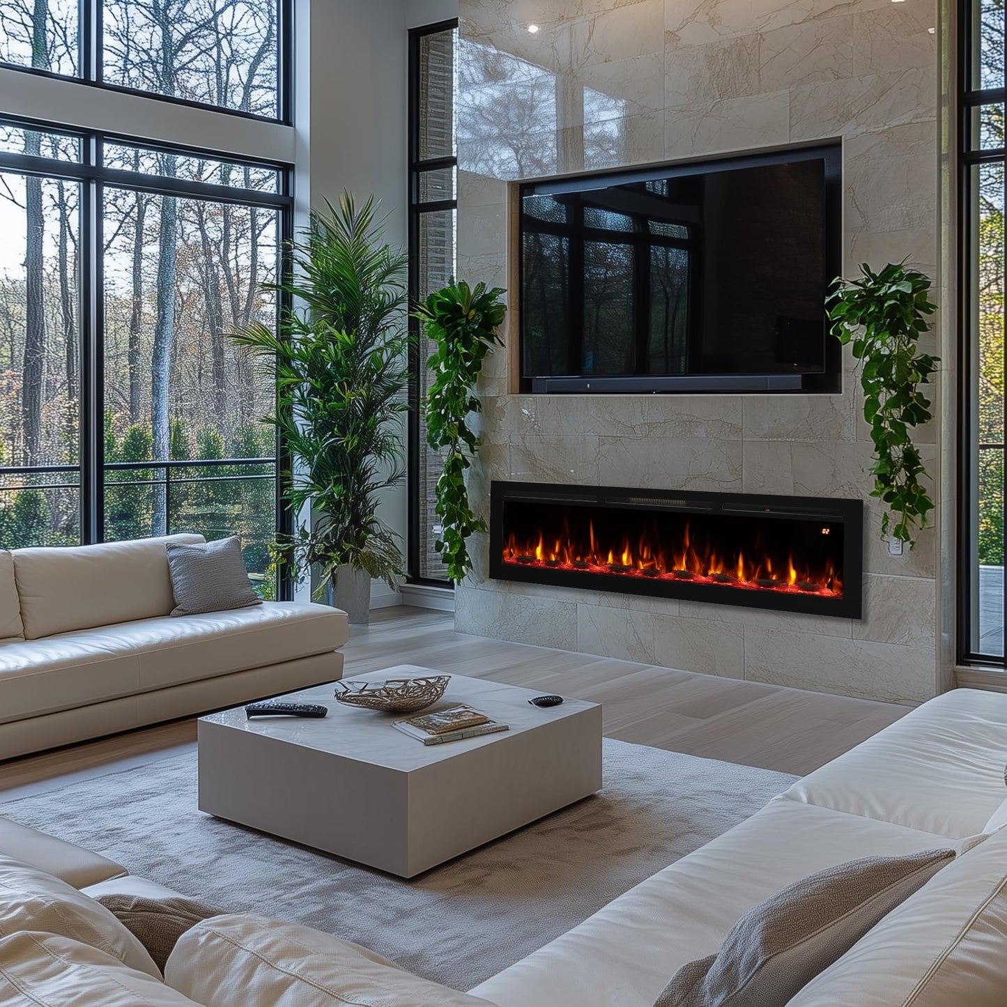 48 Inch Wall Mounted/Recessed/Freestanding Electric Fireplace Inserts,3 in 1 Electric Fireplace with 4 Solid Flame Colors & 10 Mixed Flame Colors,1-9H Timer, 750w/1500w