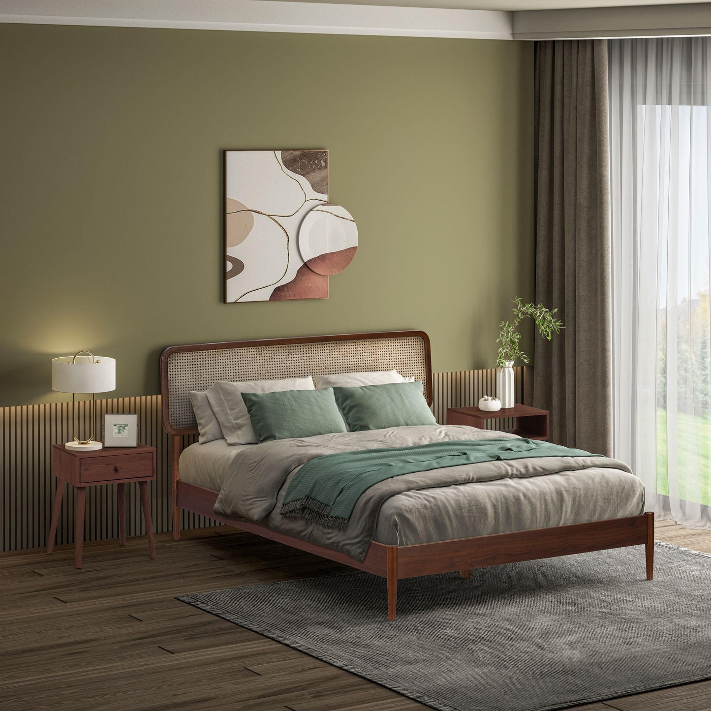 NTC Lupin Wooden Bed Frame with Headboard and Natural Rattan, Solid Oak/Rubber Wood Foundation with Silent Slats, 1000 Lb Capacity, Effortless Assembly (Natural Cane - Dark Walnut, Queen)