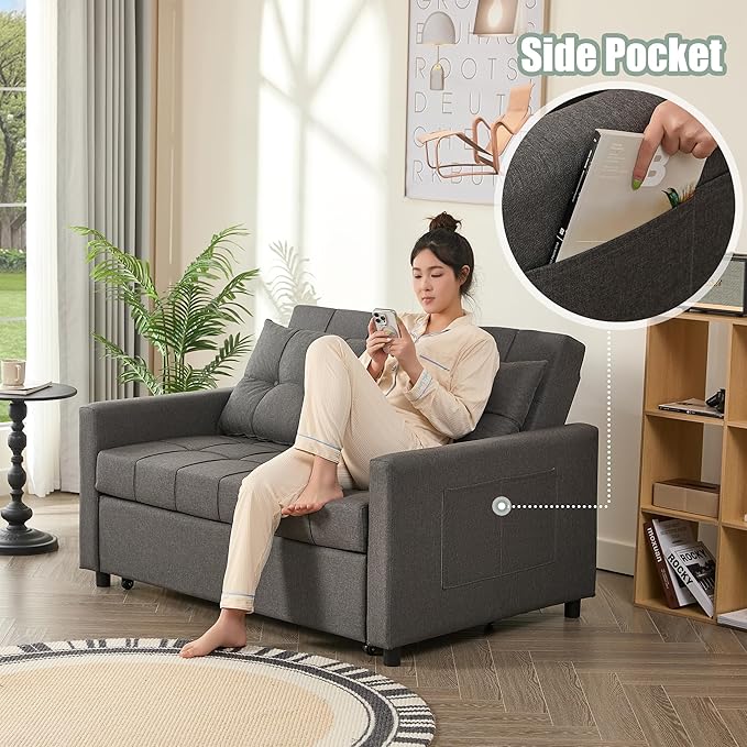GOSUHI 52" Sleeper Sofa with Pull-Out Bed, 3-in-1 Convertible Sofa Bed, Loveseat with Stepless Adjustable Backrest and Side Pocket, for Living Room Dorm Apartment, Linen, Dark Gray