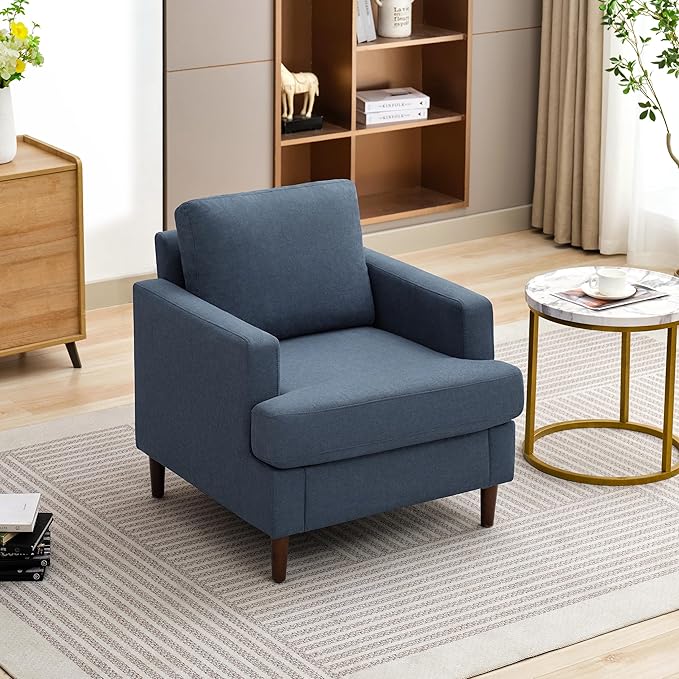 Weture Mid-Century Accent Chair,Modern Linen Fabric Armchair for Living Room,Comfy Upholstered Reading Accent Chairs for Bedroom,Single Sofa Chair with Wood Legs (Blue Grey, 1 Pack)