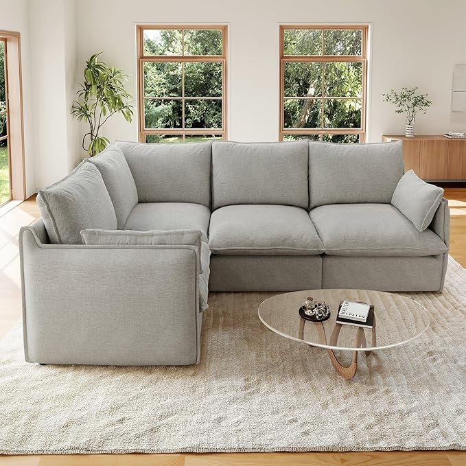 Forest aesthetics Cloud Modular Sectional,Waterproof High Backrest 4 Seater Sectional Couches,Down Filled Modular Couch with Removable Washable Cover for Living Room,Light Gray