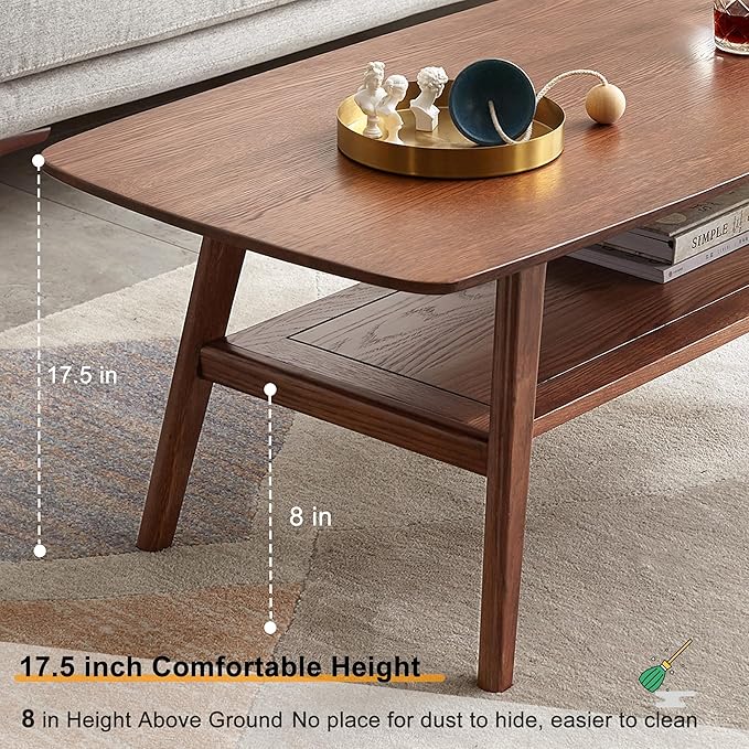 QKFF Modern Solid Wood Coffee Table, 2-Tier Small Wooden Coffee Table with Storage Shelf for Living Room, Apartment, Office, Walnut (48''D x 22''W x 18''H)