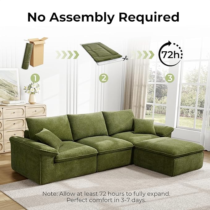 LIKIMIO 120" L-Shaped Modular Sectional Sofa, Cloud Sectional Couch with Deep Seat, Comfy Teddy Upholstery, Oversized 3-Seater with Ottoman, Boneless Couch for Living Room, No Assembly, Green