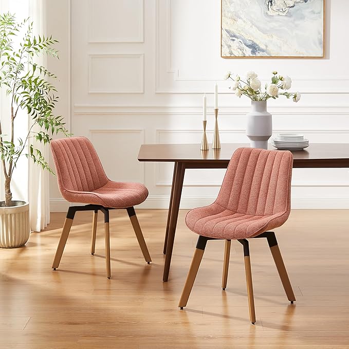 Art Leon Dining Chairs Set of 4, Mid Century Modern Swivel Dining Room Chairs, Fabric Upholstered Armless Side Chairs with Wood Legs for Kitchen Living Room Bedroom, Rose