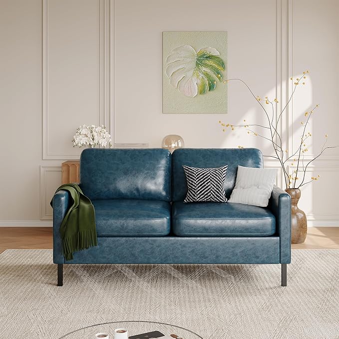 STHOUYN 57" W Faux Leather Loveseat w/ 2 USB, Small Loveseat Sofa w/Side Pockets, Wooden Frame Small Couch w/Metal Legs, Office Mini Couch for Dorm, Bedroom, Apartment (Blue, 2 Seater)