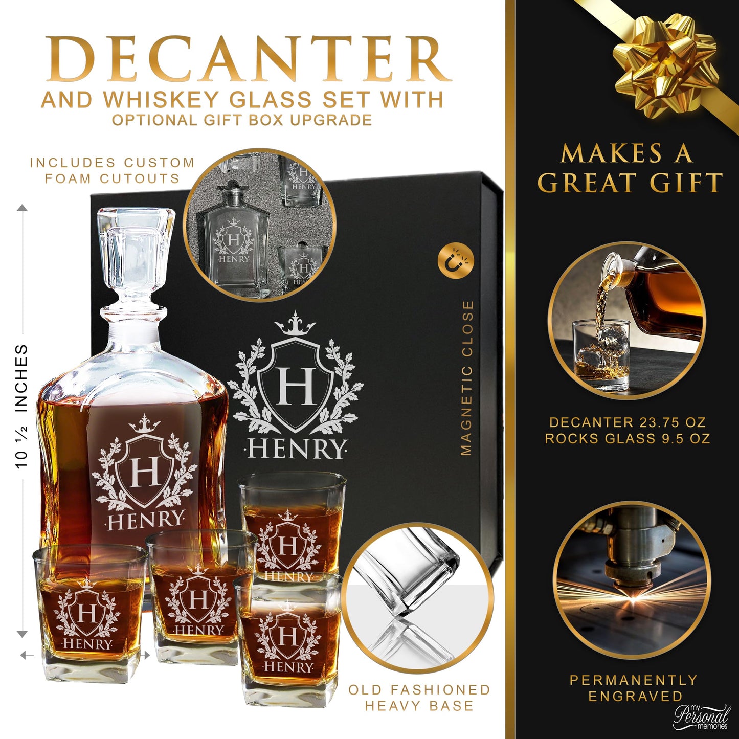 My Personal Memories, Personalized 5 pc Whiskey Decanter Set - Decanter and 4 Glasses Gift Set - Custom Engraved with Name and Initial (Shield Design)
