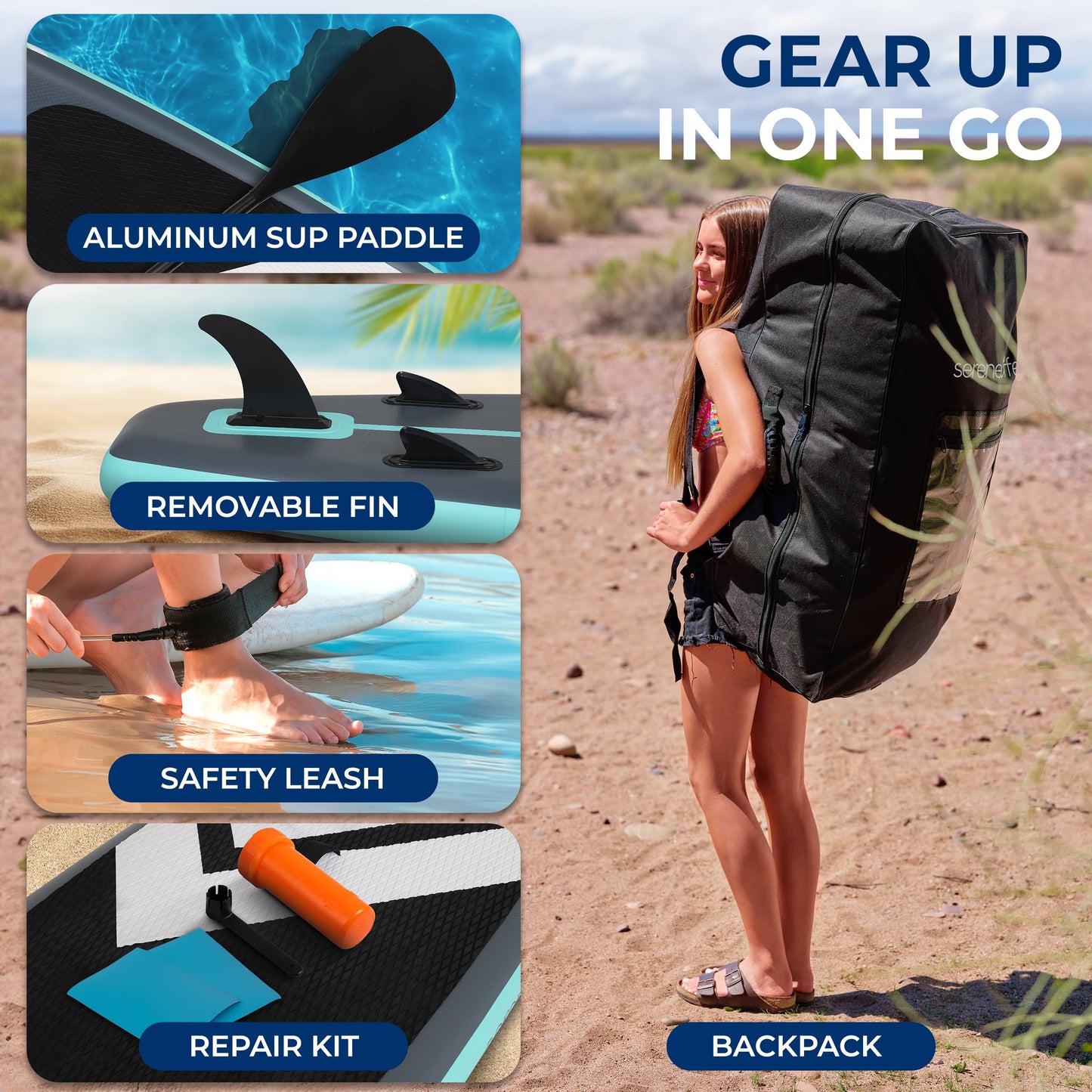 SereneLife 10’6” Inflatable Stand-Up Paddle Board with Window - 32” Wide Stable Design with Non-Slip EVA Deck Pad, Premium SUP Accessories and GoPro Mount, for Youth and Adults, 350 lbs. Capacity