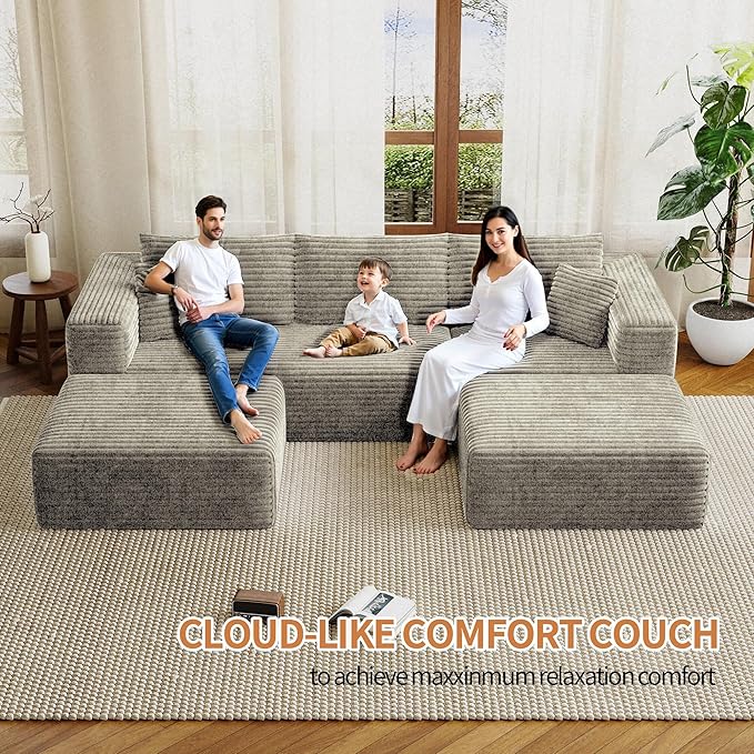 Fancyfire 108" Cloud Modular Sectional Couch with 2 Ottoman,Ultimate Comfort U-Shaped Deep Seat Sofa,Boneless Couch Upholstered 3-Seater Sofas for Living Room, No Assembly Required(Khaki)