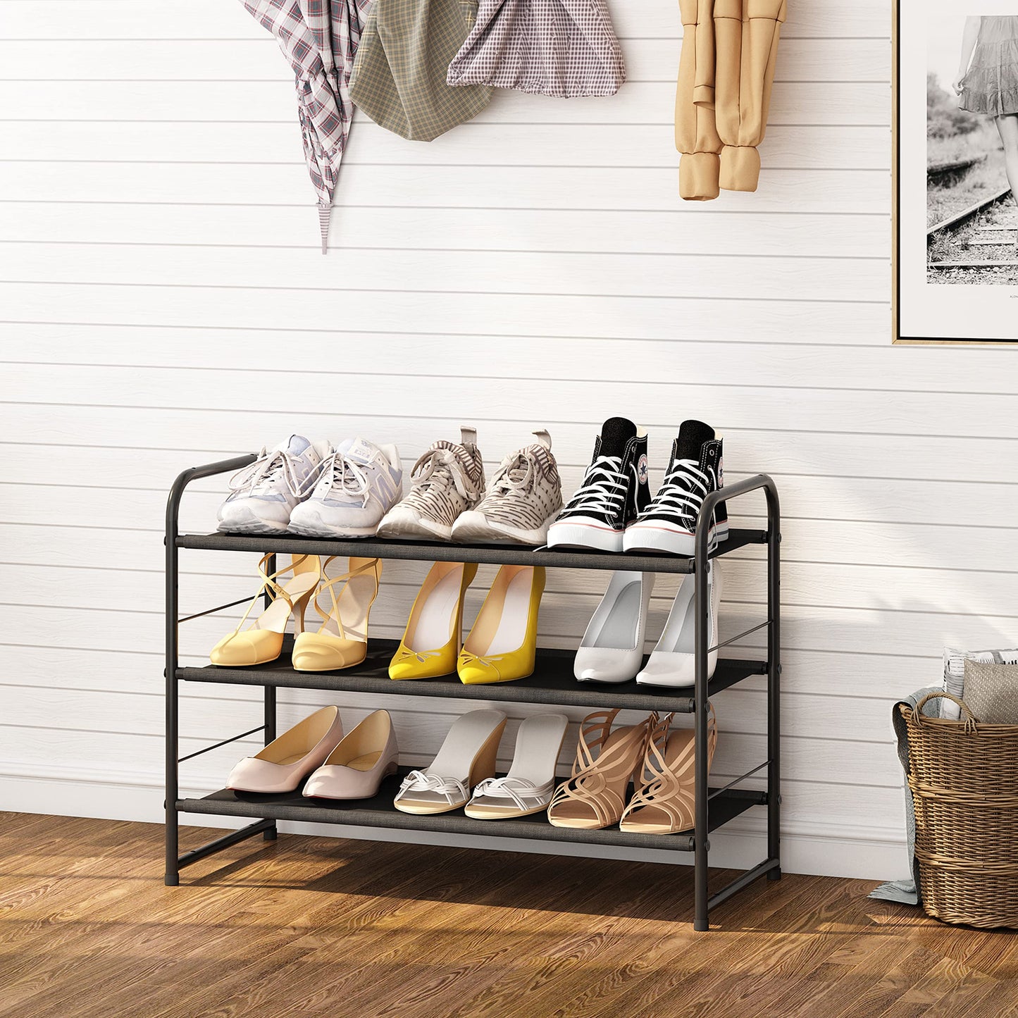Simple Trending 3 Tier Stackable Shoe Rack, Expandable Adjustable Fabric Shoe Shelf Storage Organizer, Black