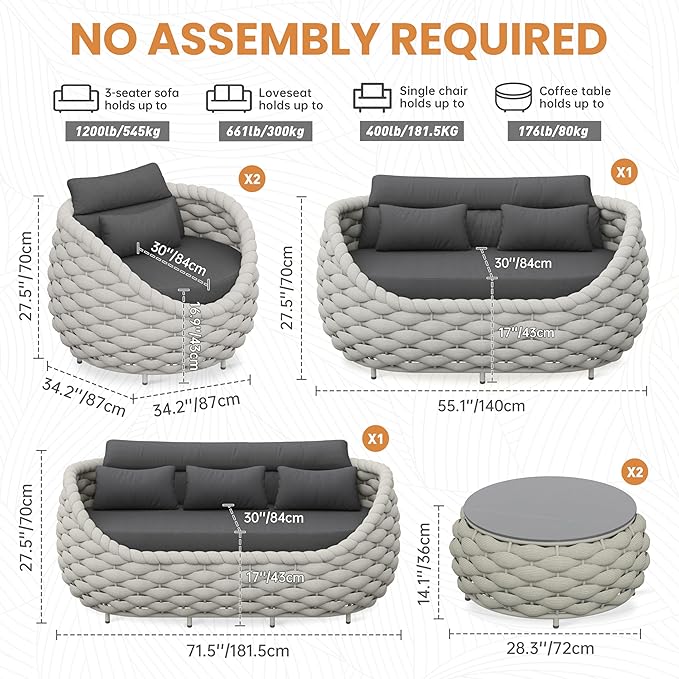 Erotr Patio Conversation Deck Furniture Sets: 6-Piece Aluminum Woven Rope Outdoor Sofa Set - Modern Cushions Couch Set - No Assembly Metal Porch Seating for Deck Yard Garden Lanai Pool Hotel Resort