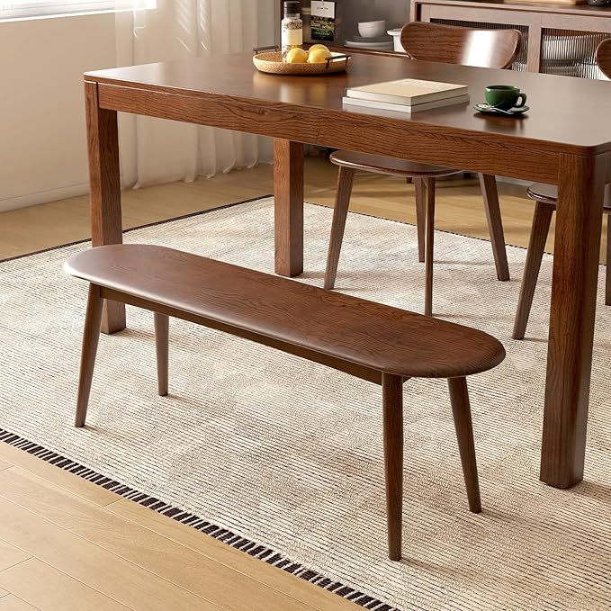 Vadisun 100% Solid Oak Wood Dining Bench, 47.2'' Entryway Bench Ottoman with Rounding Corner Design for Kitchen Living Room Bedroom, Walnut