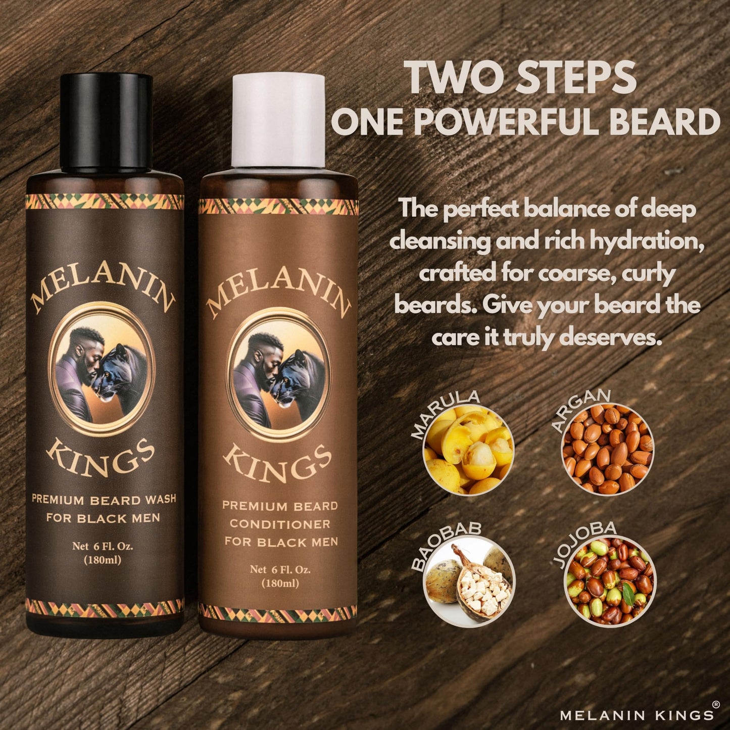 Melanin Kings Beard Wash & Conditioner Set for Black Men - Gently Cleanse, Hydrate & Soften Coarse, Dry and Curly Beards - Afric