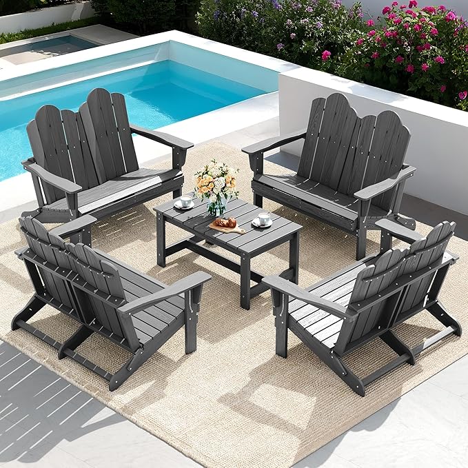 SERWALL 3 Pieces Patio Adirondack Bench Set, 2 Folding Adirondack Bench and 1 Coffee Table Set for Front Porch Garden Balcony Backyard, Grey