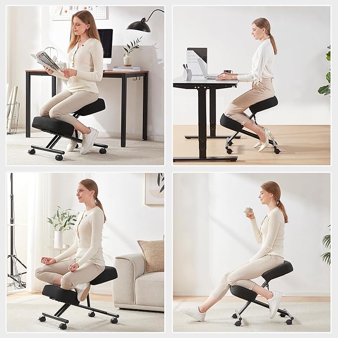 SOMEET Ergonomic Kneeling Chair for Office and Home, Adjustable Stool Posture Chair to Relieve Neck & Back Pain, Brake and Smooth Gliding Casters, Kneeling Desk Chair to Improves Posture, Black Linen