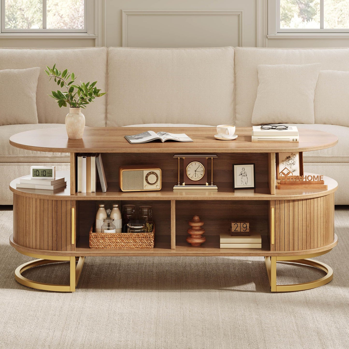 YITAHOME Coffee Table, Coffee Tables for Living Room with Sliding Doors & Large Storage, Modern Wooden Coffee Table with Gold Handles, Metal Base for Living Room, Natural Oak