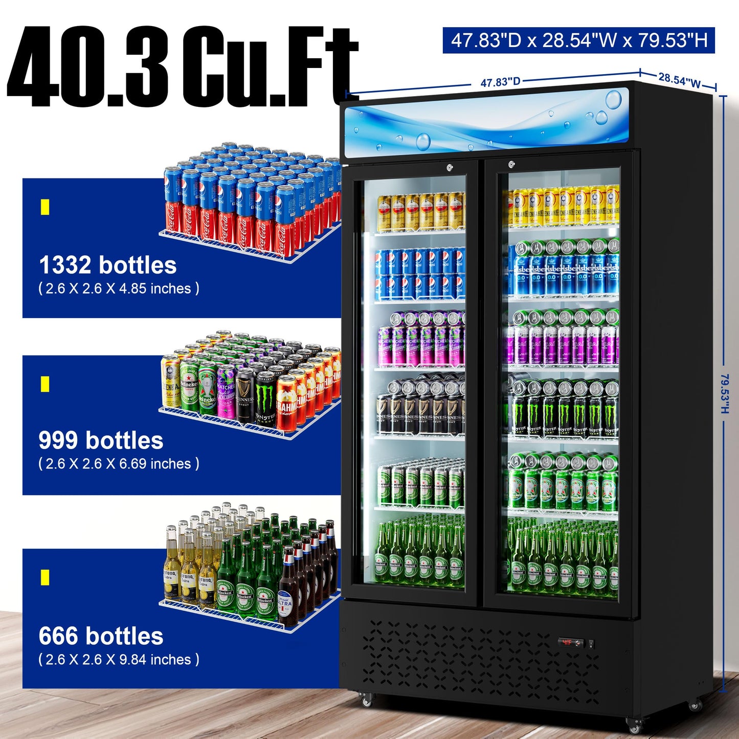 Beverage Cooler Commercial Refrigerator 40.3 Cu.Ft. Glass Door Display Refrigerator with LED Light, Shelves, Display 10 Commercial Beverage Refrigeratorfor Restaurant Cafe Bar Store (40.3 Cu.Ft.)
