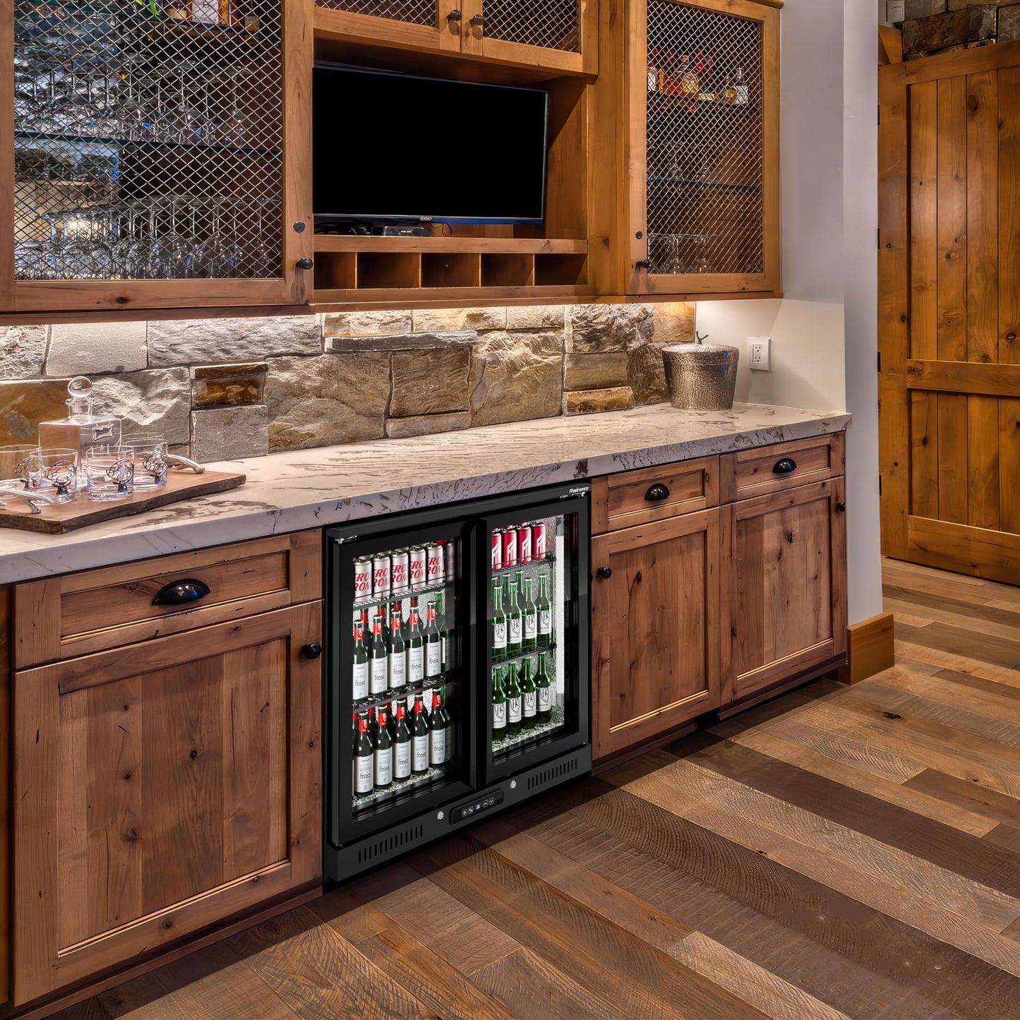 Frostronics 36 inch 206 cans Duo Hinged Door Back Bar Beverage Cooler, 6.75 cu. ft. Under Counter Glass Door Bar Fridge with hinged doors, lockable, 32-50°F Display Refrigerator, ETL Certified, Black