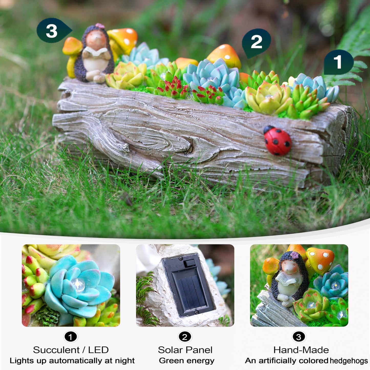 ZQQLITE Garden Solar Figurine Light - Stump Succulent Solar Light Outdoor, Solar Powered Lighting Outside Decorations Yard Art Lawn Ornaments for Porch Patio Balcony - Succulent Gifts for Women Mom