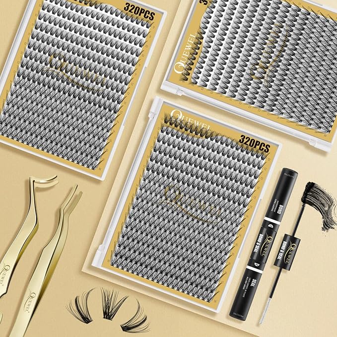 QUEWEL Lash Clusters 320Pcs Cluster Lashes 40D C Curl Lash Cluster Eyelash Extensions Mix9-16mm Individual Eyelashes Clusters Wispy Lash Clusters Thin Band Soft to Use at Home(40D C Mix9-16)