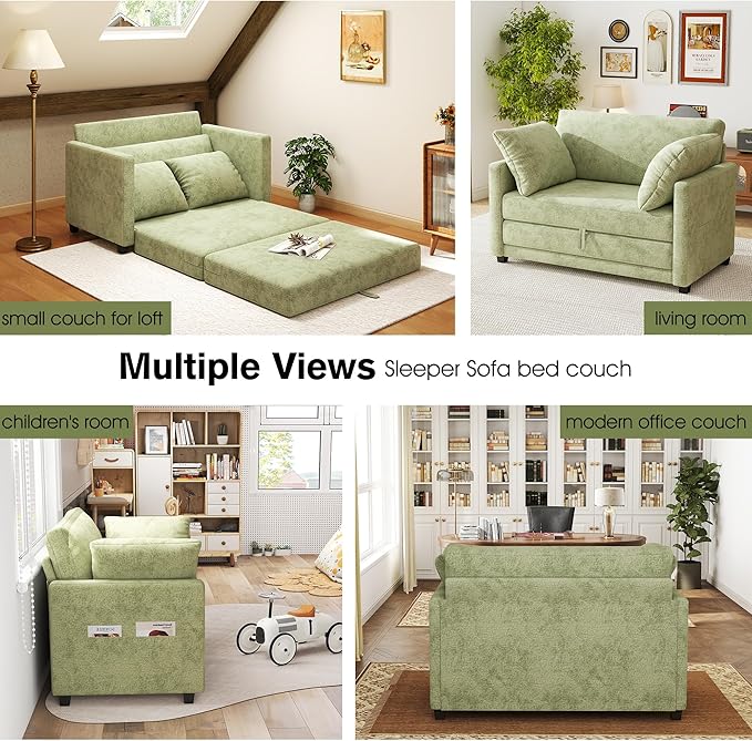 kakuboohi 51" Loveseat Sleeper Sofa Bed, Chenille Convertible Floor Sofa Bed for Small Spaces, Folding Couch Bed with Deep Seat, 2 Pillows & Solid Frame, Pull Out Couch for Living Room, Light Green