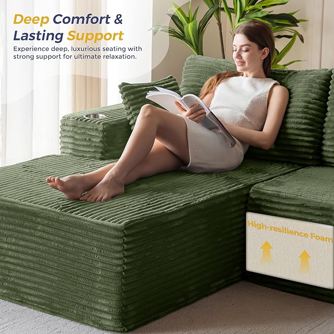 MAXYOYO 104" Modular Sectional Couch with L-Shape Chaise, Modern Boneless Couch for Living Room, Sofa in A Box, Oversized Sofa Sleeper with Deep Seat, No Assembly Required, Green