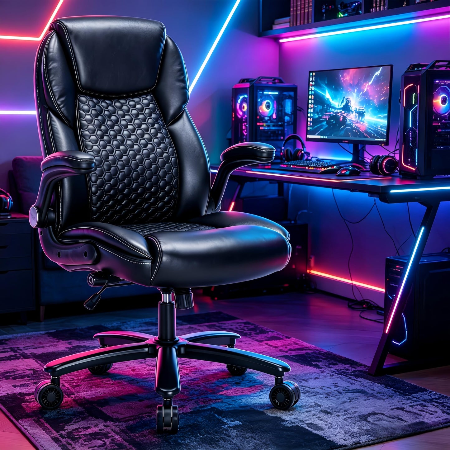 Big and Tall Ergonomic Office Chair, Executive Office Chair with Flip-up Arms, PU Leather Computer Desk Chair, Adjustable Lumbar Support Heavy Duty Space Saving Task Chair