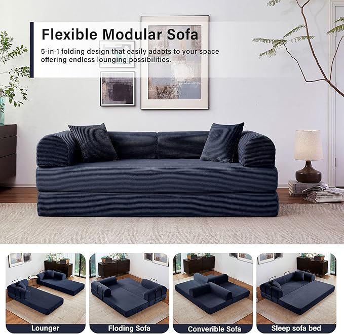 79" 5-in-1 Folding Convertible Sofa Bed, Oversized Corduroy Futon Floor Couch with Pull-Out Sleeper, Modular Boneless Loveseat for Small Spaces, Living Room, Bedroom (Dark Blue)