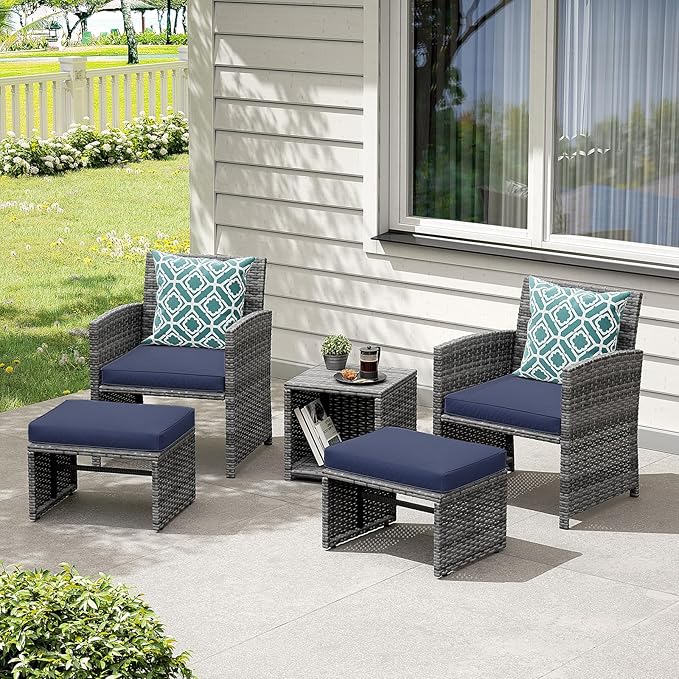 OC Orange-Casual 5 Piece Patio Furniture Set, Wicker Outdoor Conversation Chair and Ottoman Set with Coffee Table, Pillows Included, for Balcony, Porch, Deck, Navy Blue