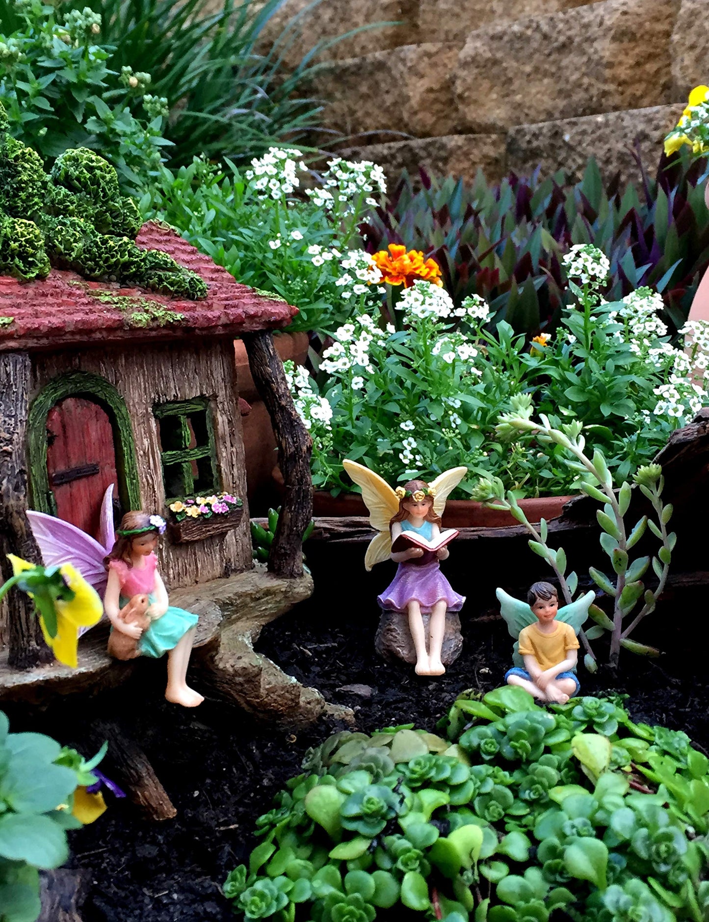 PRETMANNS Fairy Garden House Kit – Complete with Accessories, House 9” High with Door That Opens & Fairies for Outdoor Gardens – 4 Pieces