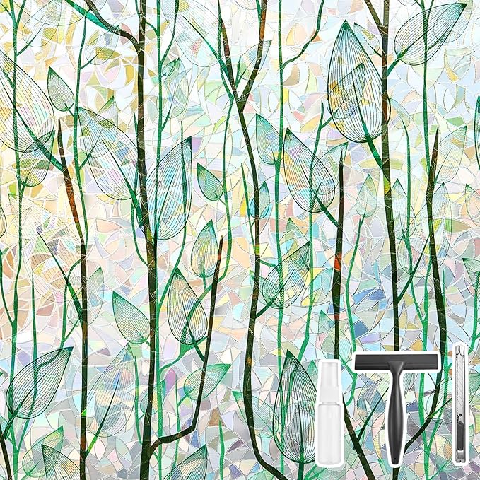 Finnez Window Privacy Film Window Film 3D No Glue Glass Sticker for Glass Door Home and Office Heat Control Anti UV (45.2 Inch x 6.5 Feet, Rainbow Grove)