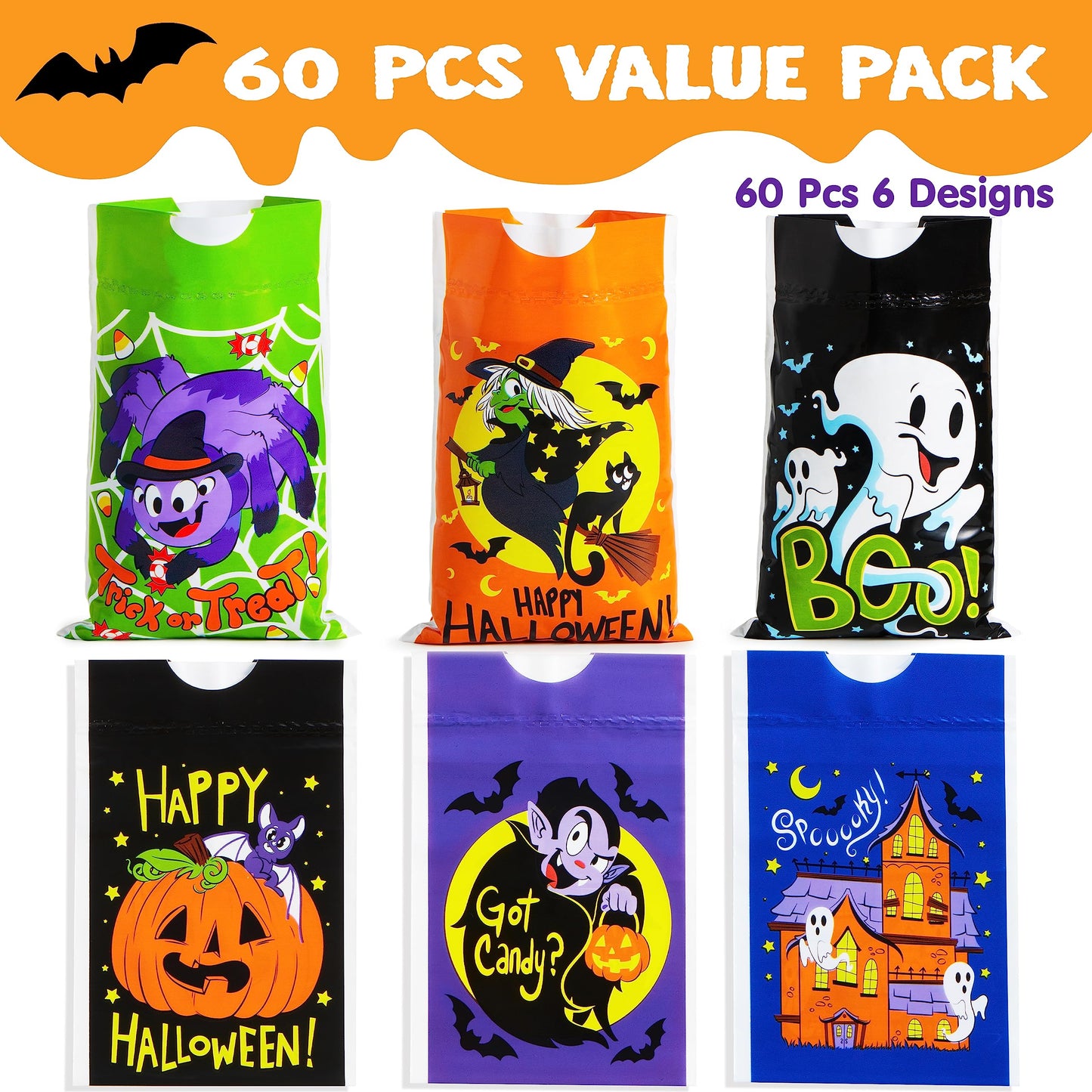 JOYIN 60 PCS Halloween Drawstring Treat Bags, Goodie Candy Trick or Treat Bags Bulk, 6 Design Goody Bag for Trick or Treating, Small Plastic Snack Gifts Bag for Kids Halloween Party Favors Supplies